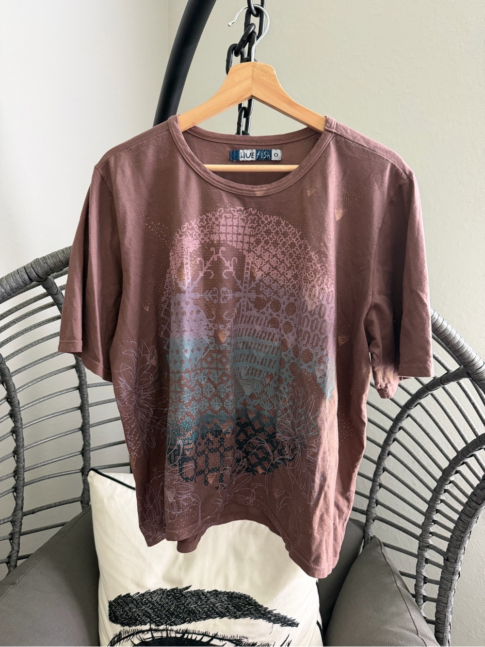 Blue Fish Brown Tee with Teal & Dusty Pink Graphic 0/Small